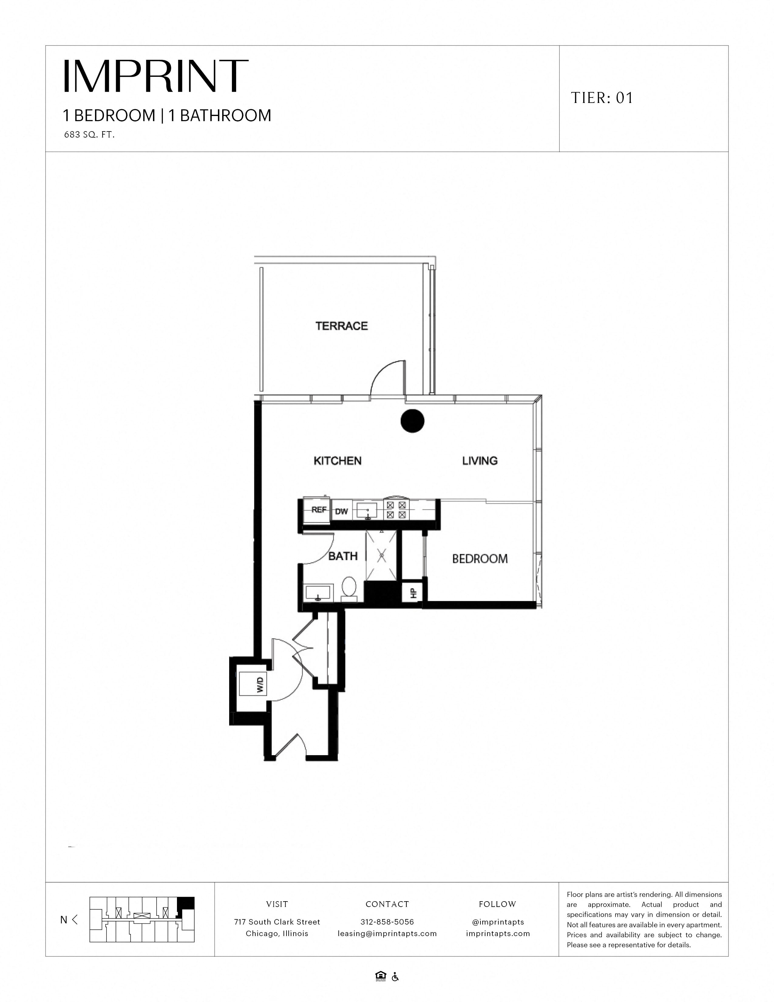 Floor plan for 1 bed, 1 bath, 683 sqft